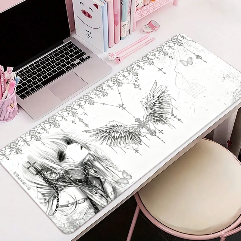 Gaming Office Accessories - Leder-Mauspad Schwarz Weiß Anime Ästhetik Engel-Mädchen